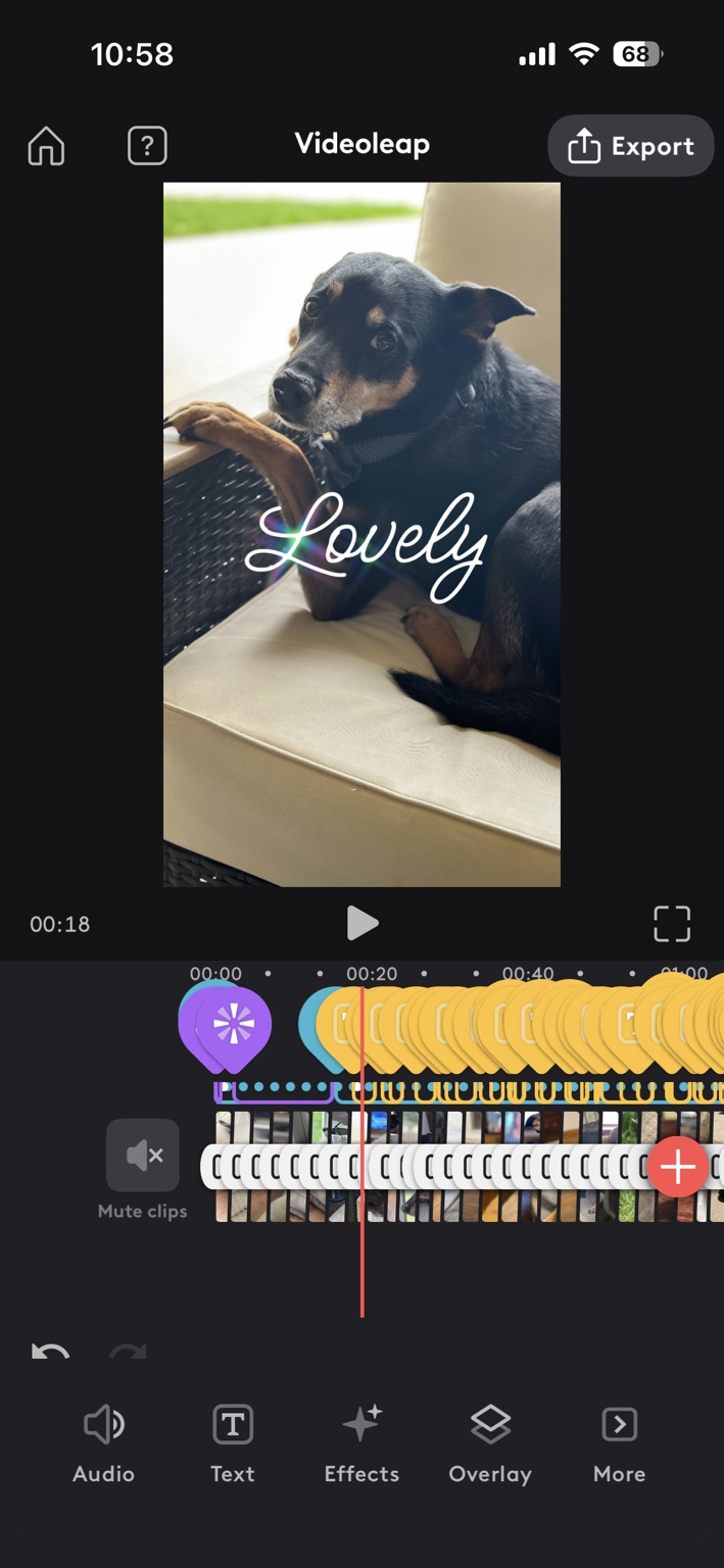 Videoleap editing timeline filled with stacked layers and individually timed keyframes beneath a preview of Buster